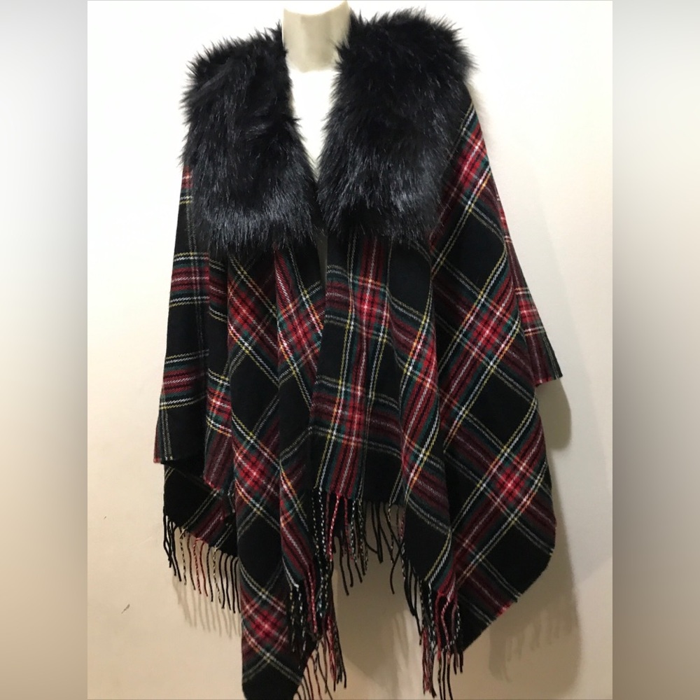 J. Crew Black Plaid Wrap with Faux Fur Collar - Picture 8 of 10